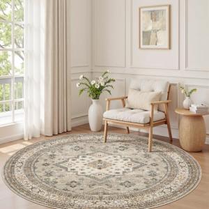 6ft Round Vintage Soft Washable Area Rug