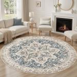 Tortania Round Washable Boho Area Rug - Cream/Blue