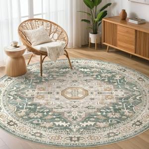 Round Washable Boho Green 6x6 Circle Rug