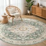 Round Washable Boho Green 6x6 Circle Rug