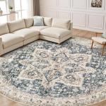 Tortania Round Washable Boho Area Rug - Cream/Blue