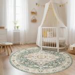 Round Washable Boho Green 6x6 Circle Rug