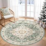 Round Washable Boho Green 6x6 Circle Rug