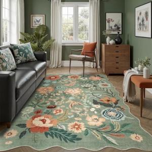 DCX Vintage Floral Rug 5x7, Washable Sage Green Rug for Living Room, Kid & Pet Friendly with Rubber Back Non Slip, Soft Low Pile Carpet, Stain Resistant Rug for Bedroom, Nursery, Dining Room
