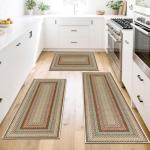 HEBE Washable Kitchen Rugs Sets of 3, Non Slip Absorbent Kitchen Rugs and Mats, Farmhouse Stain Resistant Faux Jute Kitchen Mat Carpet Runner for Kitchen Floor, Laundry Room, Hallway, Red