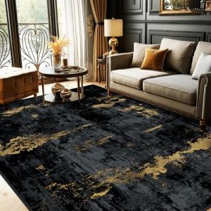 RELEANY Washable Area Rugs 5'x7' Non-Slip Modern Abstract Soft for Living Room Entryway Bedroom Nursery, Print Pattern, Dark Black Gold