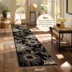 Findosom Hallway Runner Rug 2x8, Non Slip High-Low Textured Floral Washable Runner Rug with Rubber Backing, Boho Carpet Runner for Kitchen, Entryway, Bedroom, Laundry, Black & Beige