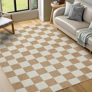 Washable Rug 5x7 Checkered Rug, Beige and White Area Rug, Boho Large Rugs for Living Room, Low Pile Lightweight Indoor Carpet with Non-Slip Backing for Bedroom Classroom Playroom Kids
