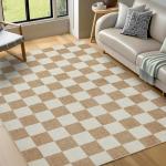 Washable Rug 5x7 Checkered Rug, Beige and White Area Rug, Boho Large Rugs for Living Room, Low Pile Lightweight Indoor Carpet with Non-Slip Backing for Bedroom Classroom Playroom Kids