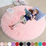 Amdrebio Light Pink Round Circle Rug 4Ft for Girls Bedroom, Fluffy Cute Area Rugs for Kids Room Decor Aesthetic, Kawaii Shag Fuzzy Fur Carpet for Nursery, Preppy Dorm, Classroom, Playroom, Teen, Baby