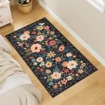 DUKINO 2x4 Rug for Entryway, Washable Kitchen Floral Runner Rug with Non Slip Backing, Low Pile Soft Boho Carpet for Kitchen, Hallway, Entryway, Laundry, Bedroom, Black