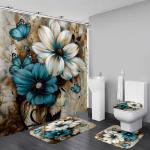 AZHM 4pcs White and Blue Artistic Painted Flowers Shower Curtain Set Floral and Butterfly Bathroom Sets with Rugs and Accessories