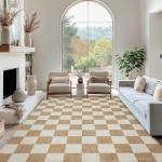 Washable Rug 5x7 Checkered Rug, Beige and White Area Rug, Boho Large Rugs for Living Room, Low Pile Lightweight Indoor Carpet with Non-Slip Backing for Bedroom Classroom Playroom Kids