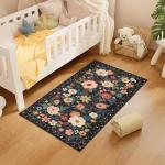 DUKINO 2x4 Rug for Entryway, Washable Kitchen Floral Runner Rug with Non Slip Backing, Low Pile Soft Boho Carpet for Kitchen, Hallway, Entryway, Laundry, Bedroom, Black