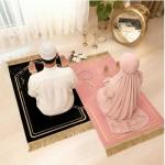 Drydiet 2 Pcs Muslim Couple Prayer Rug Set Heart Design with 2 Pcs Prayer Beads Islamic Muslim Gift Black and Pink Travel Mat Soft Velvet Mat for Couple Women Men Ramadan Eid Wedding Birthday