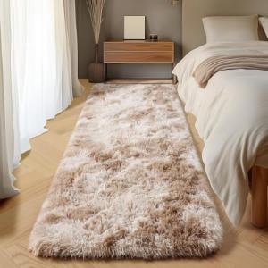 ONASAR Runner Rugs for Bedroom Living Room, Tie-Dyed Beige 2x6 Bedside Hallway Fluffy Area Rug, Ultra Soft Plush Furry Faux Fur Non Slip Floor Carpet for Nursery Kids Dorm Closet Home Decor