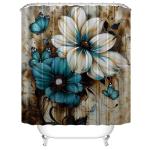 AZHM 4pcs White and Blue Artistic Painted Flowers Shower Curtain Set Floral and Butterfly Bathroom Sets with Rugs and Accessories
