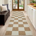 Washable Rug 5x7 Checkered Rug, Beige and White Area Rug, Boho Large Rugs for Living Room, Low Pile Lightweight Indoor Carpet with Non-Slip Backing for Bedroom Classroom Playroom Kids