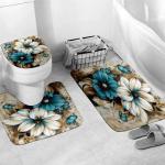 AZHM 4pcs White and Blue Artistic Painted Flowers Shower Curtain Set Floral and Butterfly Bathroom Sets with Rugs and Accessories