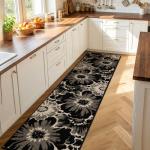 Findosom Hallway Runner Rug 2x8, Non Slip High-Low Textured Floral Washable Runner Rug with Rubber Backing, Boho Carpet Runner for Kitchen, Entryway, Bedroom, Laundry, Black & Beige