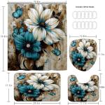 AZHM 4pcs White and Blue Artistic Painted Flowers Shower Curtain Set Floral and Butterfly Bathroom Sets with Rugs and Accessories