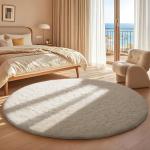 Ophanie Round Rugs 5Ft Ivory Circle Area Rug, Nursery Room Decor, Christmas Aesthetic Bedroom Home Circular Carpet 5 Foot, Fluffy Fuzzy Shag Plush Cream Living Room Rugs for Kids Boys Girls Teen Baby