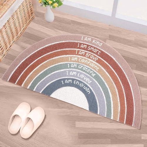 Drydiet Rainbow Doormat Welcome Door Mat Semi-Circular Area Rug with Inspirational Quote Boho Non-Slip Floor Front Doormat Resist Dirt Carpet for Girls Room Classroom 35.43"x17.72"(Neutral)