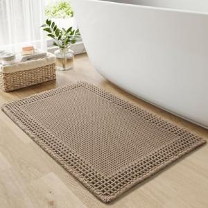 RESARE Waffle Bath Mat, Super Absorbent Non Slip, Machine Washable, Ultra Soft Boho Bath Rugs with Tassels, Upgraded Bordered Design, 17"x24" Brown