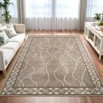 Woottpe 4x6 Area Rugs for Bedroom Living Room, Machine Washable Low Pile Rugs, Non Slip Modern Bordered Print Indoor Carpet for Entryway Office Dining Room Dorm Home Decor, Brown