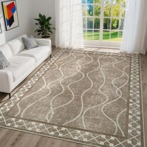 DweIke 4x6 Area Rugs for Living Room, Machine Washable Bordered Rug for Bedroom, Luxury Rubber Backing (Non-Slip) Low Pile Throw Carpet for Dining Room Kitchen Home Decor, Brown