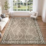 DweIke 4x6 Area Rugs for Living Room, Machine Washable Bordered Rug for Bedroom, Luxury Rubber Backing (Non-Slip) Low Pile Throw Carpet for Dining Room Kitchen Home Decor, Brown