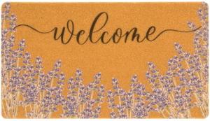 Lavender Welcome Door Mat Outside Entrance for Front Door, Indoor, Outdoor, Entryway, 17x30 Faux-Coir Spring Purple Floral Non-Slip Dirt-Trapping Thin Porch-Rug for Garden, Patio