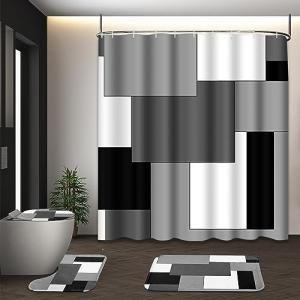 Tayney Grey Geometric Shower Curtain Set with Toilet Lid Cover and Non-Slip Rugs for Bathroom, Black White Checkered 4 Pcs Shower Curtain, Modern Abstract Bathroom Set with 12 Hooks