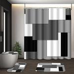 Tayney Grey Geometric Shower Curtain Set with Toilet Lid Cover and Non-Slip Rugs for Bathroom, Black White Checkered 4 Pcs Shower Curtain, Modern Abstract Bathroom Set with 12 Hooks