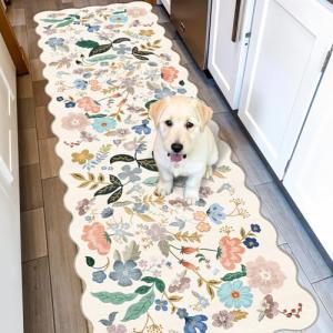 2x6 Washable Hallway Runner Rug: Floral Kitchen Rugs with Non-Slip Backing Vintage Low Pile Entryway Carpet for Living Room Bedroom Ultra Soft Water Resisitant Floor Mat for Bathroom Laudry(2x6,Cream)