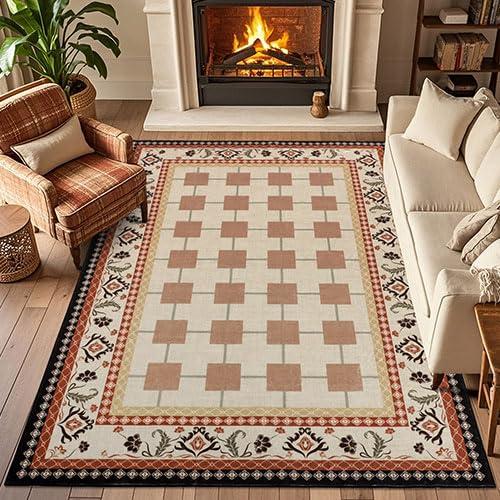 Geanlod Boho Washable Rugs 5x7Ft for Living Room, Geometric Soft Bedroom Area Rugs, Large Checkered Vintage Floor Carpets for Dining Room Nursery Kitchen Study Office, Beige/Orange