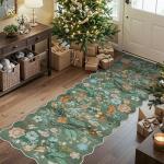 Washable 2x6 Runner Rug for Entryway: Hallway Kitchen Easy-Clean Carpet with Non-Slip Backing Stain-Resistant Low Pile Floor Mat – Perfect for High-Traffic Areas with Pets (2x6 Floral/Green)