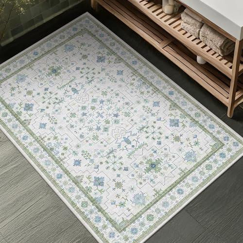 Washable Boho Bathroom Rug 2x3 - Small Throw Area Rugs for Powder Room, Laundry, Kitchen, Blue and Green Oushak Modern Eclectic Geometric Floral Pastel Decor, Low Pile Non-Slip Stain Resistant