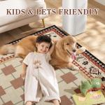 Geanlod Boho Washable Rugs 5x7Ft for Living Room, Geometric Soft Bedroom Area Rugs, Large Checkered Vintage Floor Carpets for Dining Room Nursery Kitchen Study Office, Beige/Orange