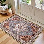 Entryway Washable Rugs 2x3, Low Pile Non-Slip Small Rug, Door Mat, Distressed Printed Patterns Rug for Entrance, Bedroom, Bathroom, Kitchen, Rust Brown