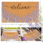 Lavender Welcome Door Mat Outside Entrance for Front Door, Indoor, Outdoor, Entryway, 17x30 Faux-Coir Spring Purple Floral Non-Slip Dirt-Trapping Thin Porch-Rug for Garden, Patio
