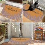 Lavender Welcome Door Mat Outside Entrance for Front Door, Indoor, Outdoor, Entryway, 17x30 Faux-Coir Spring Purple Floral Non-Slip Dirt-Trapping Thin Porch-Rug for Garden, Patio