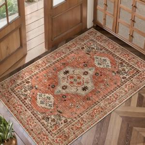 Boho Small Area Rug, 2x3 Washable Rug for Entryway, Vintage Throw Rug Oriental Non Slip Indoor Front Door, Distressed Terracotta Door Mat Carpet, Soft Low Pile Rugs for Entrance Kitchen Bedroom
