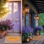 Lavender Welcome Door Mat Outside Entrance for Front Door, Indoor, Outdoor, Entryway, 17x30 Faux-Coir Spring Purple Floral Non-Slip Dirt-Trapping Thin Porch-Rug for Garden, Patio