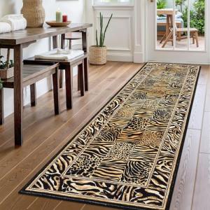 Leopard Runner Rug 2x6, Soft Leopard Patchwork Print Washable Rug Runners for Hallways Non-Slip Kitchen Runner, Low Pile Carpet Runners for Bedroom Laundry Kitchen, Brown