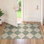 Beeiva Checkered Rug Runners for Hallways Non Slip, 2x4 Washable Runner Rug for Kitchen Ultra Thin Green Entryway Runner, Gingham Diamond Decor Farmhouse Throw Carpet for Bathroom Laundry