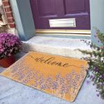 Lavender Welcome Door Mat Outside Entrance for Front Door, Indoor, Outdoor, Entryway, 17x30 Faux-Coir Spring Purple Floral Non-Slip Dirt-Trapping Thin Porch-Rug for Garden, Patio
