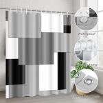 Tayney Grey Geometric Shower Curtain Set with Toilet Lid Cover and Non-Slip Rugs for Bathroom, Black White Checkered 4 Pcs Shower Curtain, Modern Abstract Bathroom Set with 12 Hooks