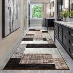 Indoor Runner Rug, Washable Runner Rug with Rubber Backing, Modern Geometric Patchwork Aesthetic Carpet for Bedroom, Living Room, Hallway, Entryway, Washable Rug Rockwood Collection, 2x6 Ft Chocolate