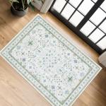 Washable Boho Bathroom Rug 2x3 - Small Throw Area Rugs for Powder Room, Laundry, Kitchen, Blue and Green Oushak Modern Eclectic Geometric Floral Pastel Decor, Low Pile Non-Slip Stain Resistant
